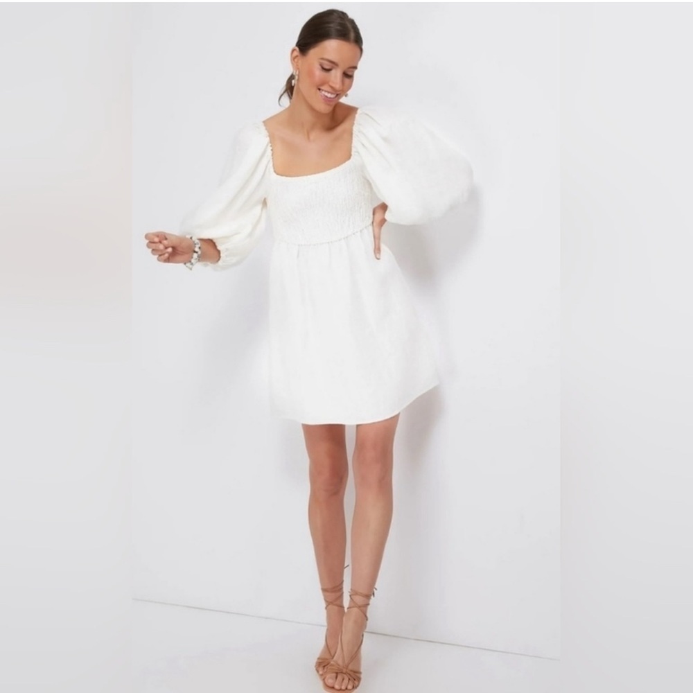 Tuckernuck 100% Linen White Smock Dress with Puff Sleeves Dress